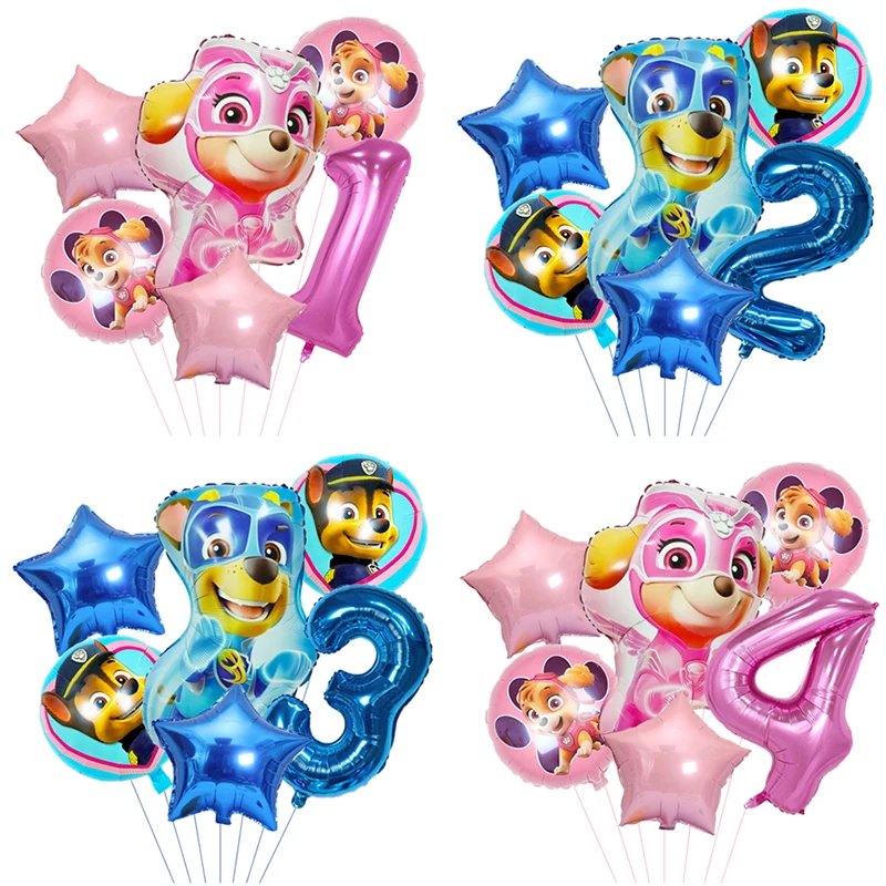 6Pcs Paw Patrol Number Foil Balloons Chase Skye Birthday Balloons Baby Shower Decorazioni Per Feste Di Compleanno Per Bambini Palloncini Con Numeri