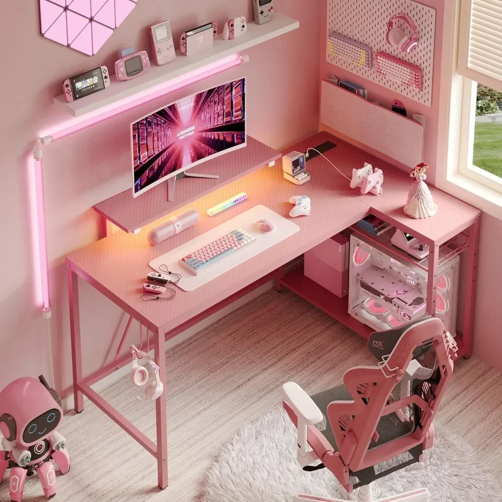 52" Gaming Desk with Integrated Power Outlet & USB Ports, L-Shaped Computer Desk with LED Strip & Headphone Hooks 6