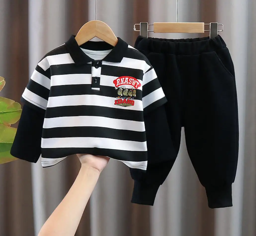

Korean Toddler Baby Boy Clothes Autumn Tracksuits Fashion Striped Cartoon Lapels Long Sleeves T-shirts and Pants Kids Outfit Set