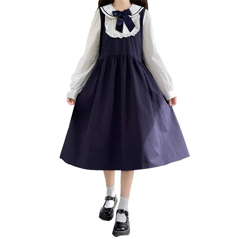 

Japanese Style JK School Uniform Long Sleeve Pan Collar False Two Piece Bowtie Sailor Dress
