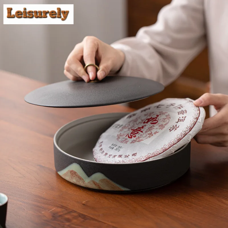 Hand Drawn Far Mountain Tea Cake Tea Box Organizer Moisture-proof Handmade Storage Tank Containers Tea Caddy Tableware Ornaments