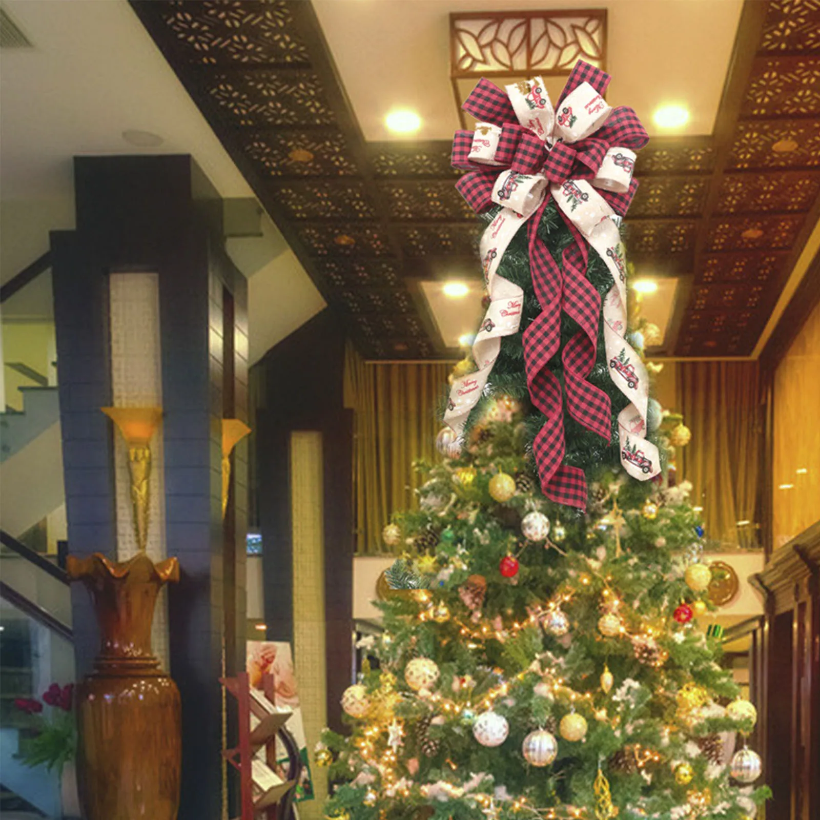

Christmas Tree Top Decoration Sequin Ribbon Bow Red Buffalo Plaid Burlap Hanging Ornaments Xmas Festival Party Home DIY Decor