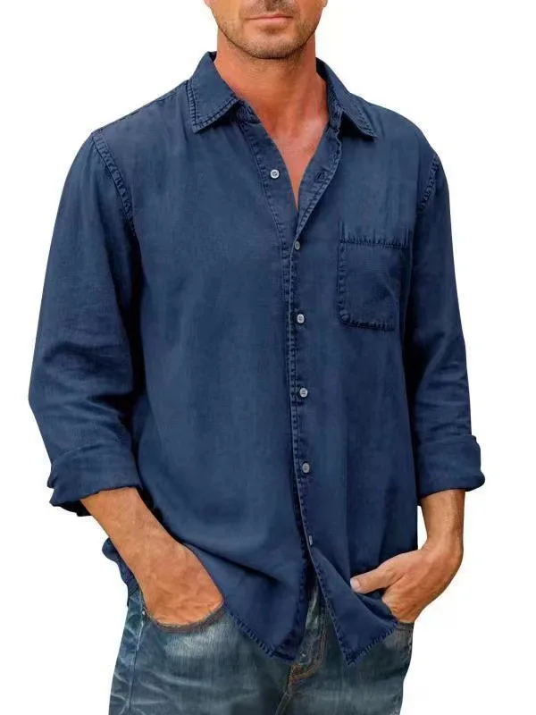 Spring Autumn Men Shirts Cotton Denim Long Sleeve Casual Solid Color Laple Shirt Mens Fashion Vintage Jeans Shirt Tops