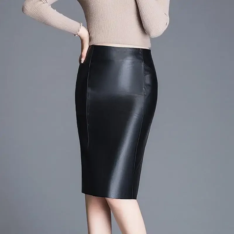 Women 2023 Autumn Winter Sheepskin Skirt Genuine Leather Midi Skirt Female High Waist Split Package Hip Skirt  4XL H167