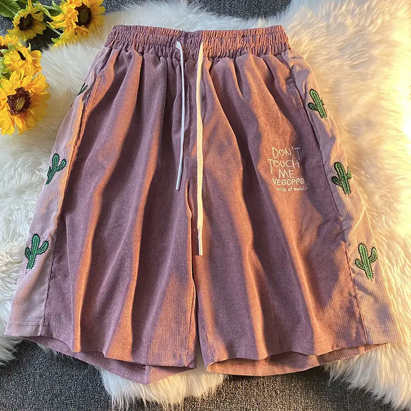 2023 Cactus Embroidered Summer Shorts Japanese Academy Style Antique Couple Capris Bomb Street Men's and Women's Sports Pants