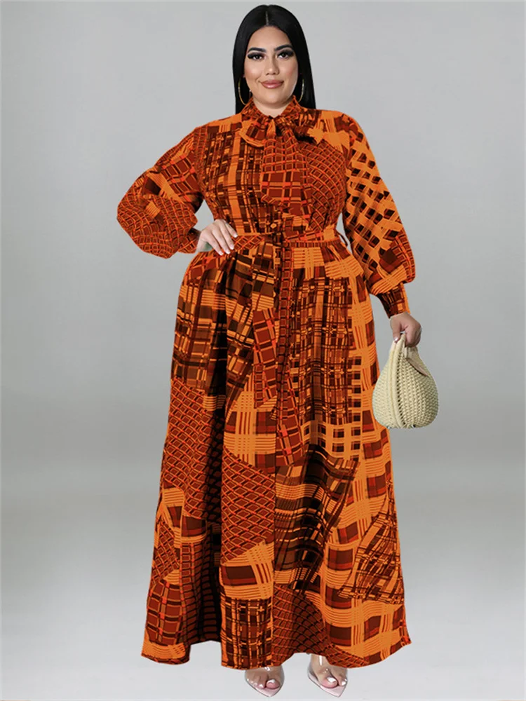 Wmstar Plus Size Women Clothing Fall Dresses with Belt Loose Vintage Long Sleeve Print Big Hem Long Dress Wholesale Dropshipping