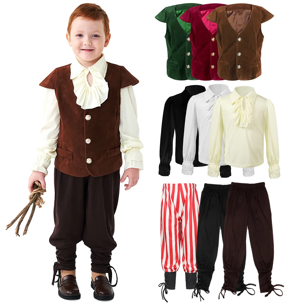 

Victorian Knight Medieval Pirate Cosplay Uniform for Boys Retro Renaissance Ruffled Vampire Outfit Suit Kids Halloween Costume