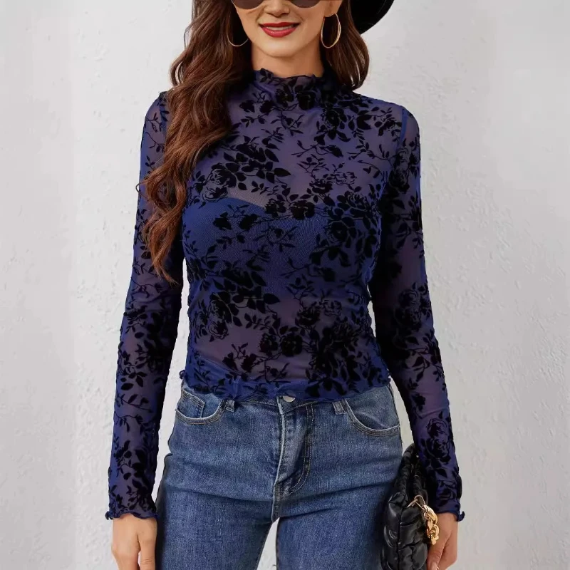 Fashion New Women's Small Stand-up Collar Mesh Lace Splicing Long-sleeved T-shirt Retro Elegant Women's Casual Top Slim Blouse