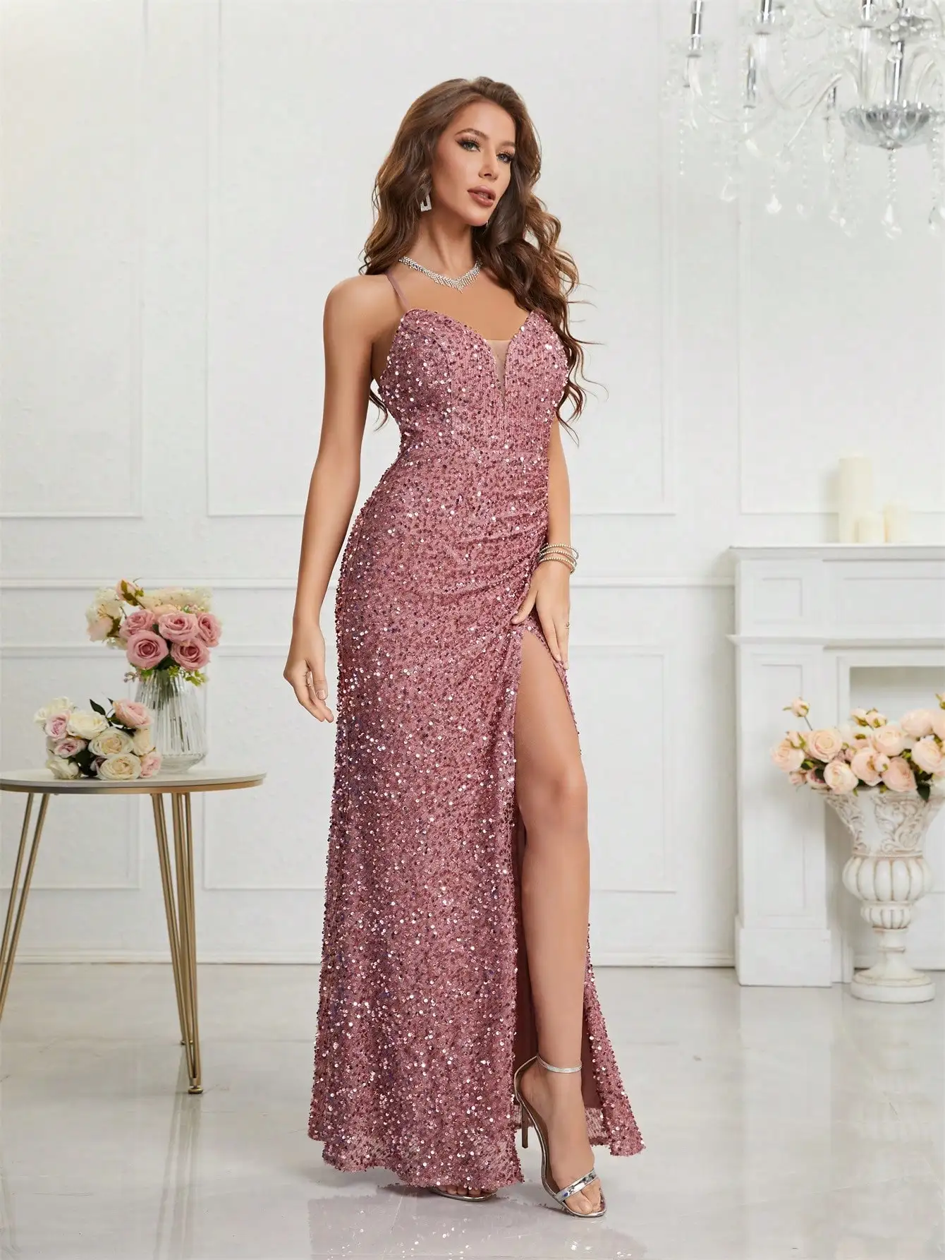 Split Thigh Sequin Cami prom dress 2