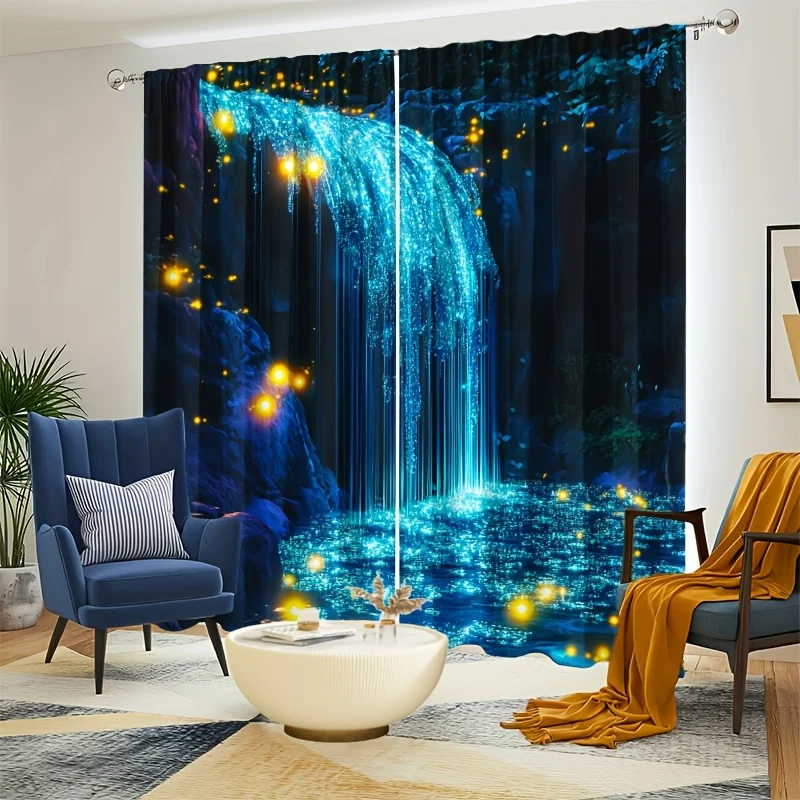 ผ้าม่านน้ำตกสีฟ้าระยิบระยับและหิ่งห้อย 2 ชิ้น – ผ้าม่านโปร่งแสงโรแมนติกสำหรับตกแต่งห้องนอนและห้องนั่งเล่น 1