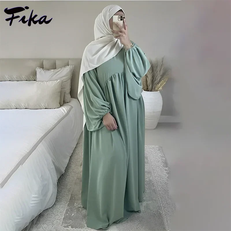 

Muslim Dress Casual Solid Color Long Lantern Sleeve Abayas for Women Turkey Hijab Dress Islamic Clothing Dubai Sundress Robe