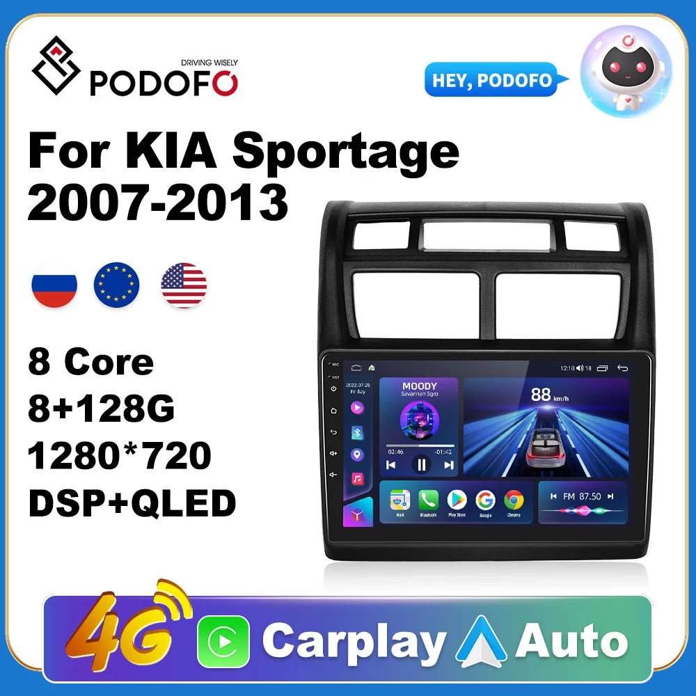 

Podofo AI Voice Car Radio Android Auto Multimedia Player For Kia Sportage 2007-2013 Carplay 4G 2din GPS autoradio