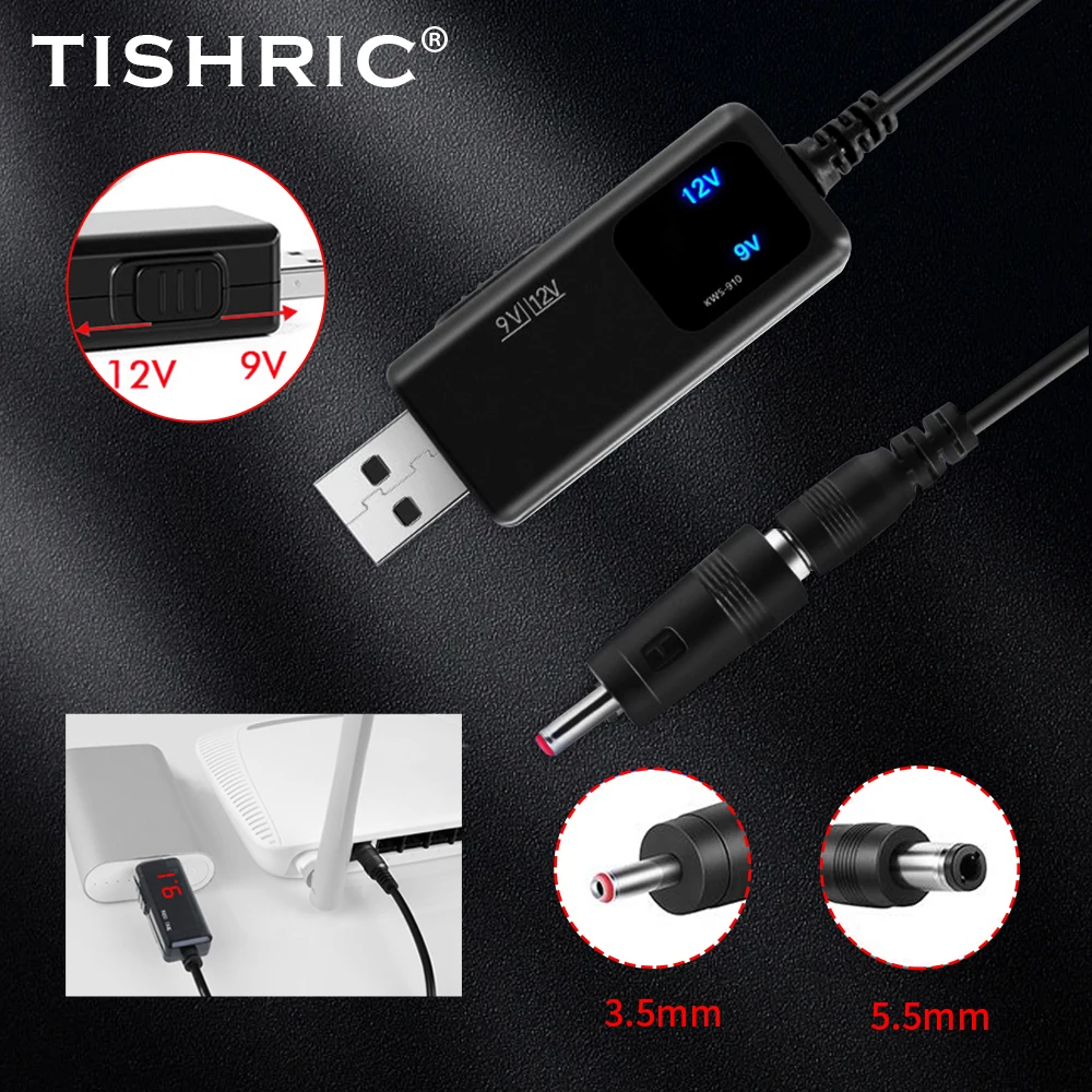 TISHRIC KWS-910 Blue Display Voltage USB to DC 5.5/3. 5mm Router Optical Cat Booster Wire DC 5V to 9V/12V USB Power Boost Cable charging cable usb charging cable