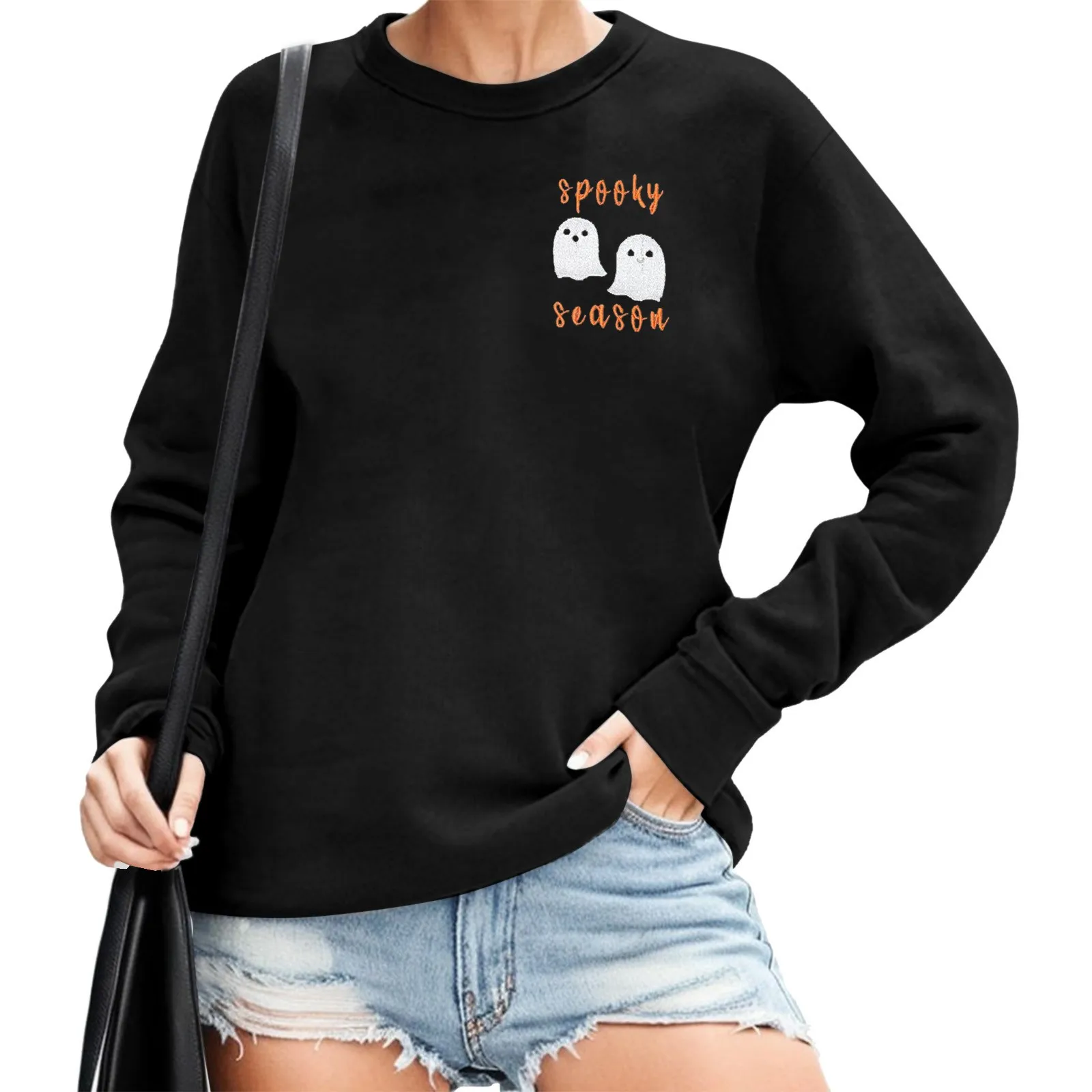 

Women Hoodless Long Sleeve Solid Print Round Neck Sweater Tops streetwear Jumper chic