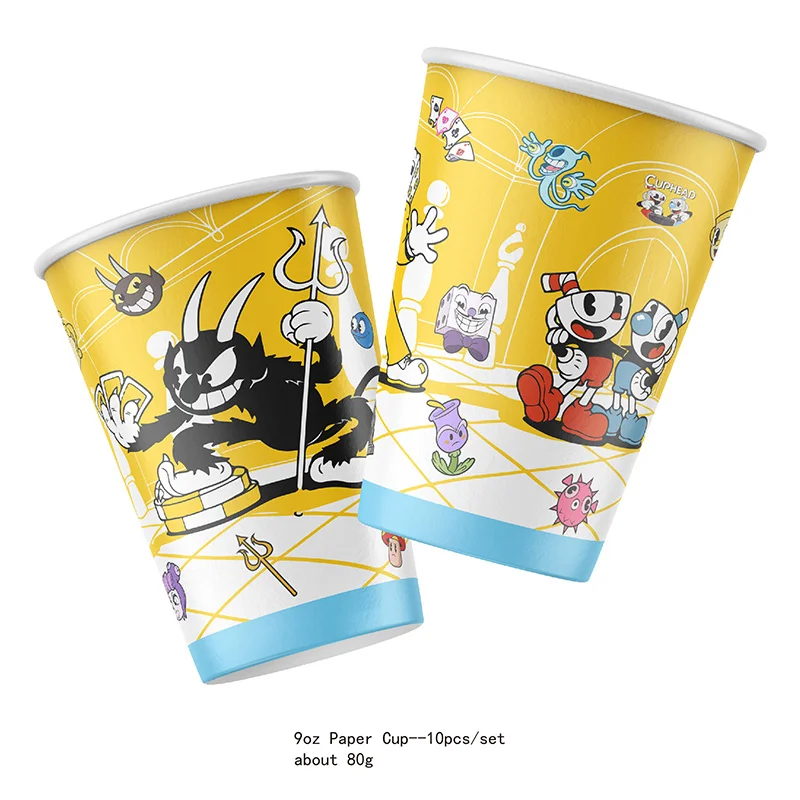 귀여운 CUPHEAD 테마 소년과 소녀 생일 파티 일회용 종이 컵 플레이트 컵케익 배너 라텍스 풍선 세트 장식 용품
