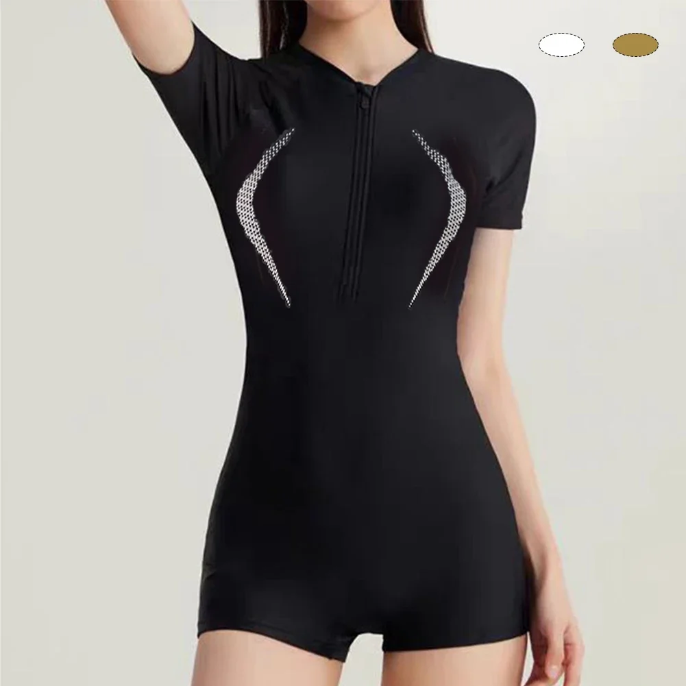 Female Summer One-piece Solid Color Patchwork Flat Angle Short Sleeved Zippered Swimsuit Sun Protection Quick-Drying Swimwear