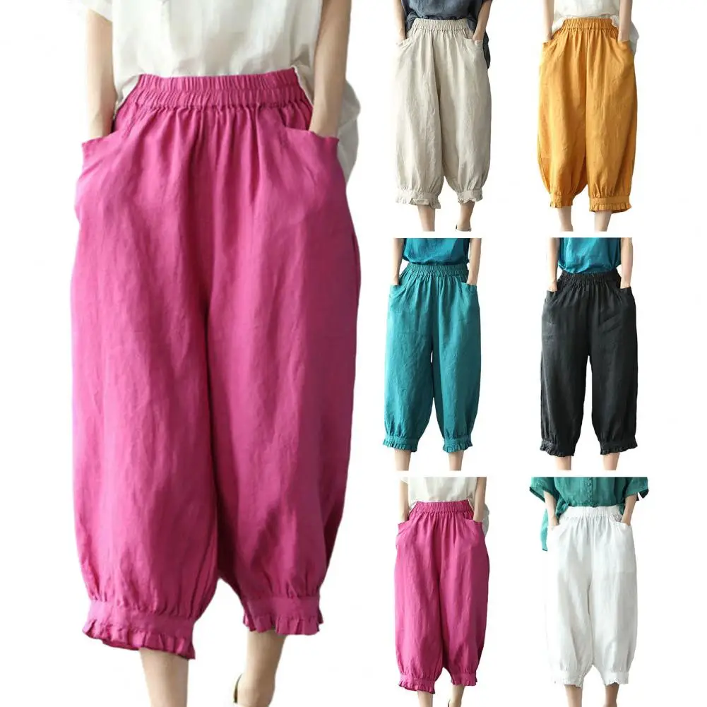 

Summer Women Harem Pants High Elastic Waist Loose Pockets Solid Color Mid-calf Length Retro Casual Lady Cropped Trousers Joggers