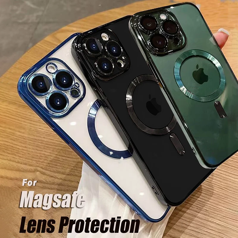 Magnetic For Magsafe Wireless Charge Clear Case For iPhone 14 13 12 11 Pro Max X XR XS 8 Plus Luxury Plating Soft Silicone Cover