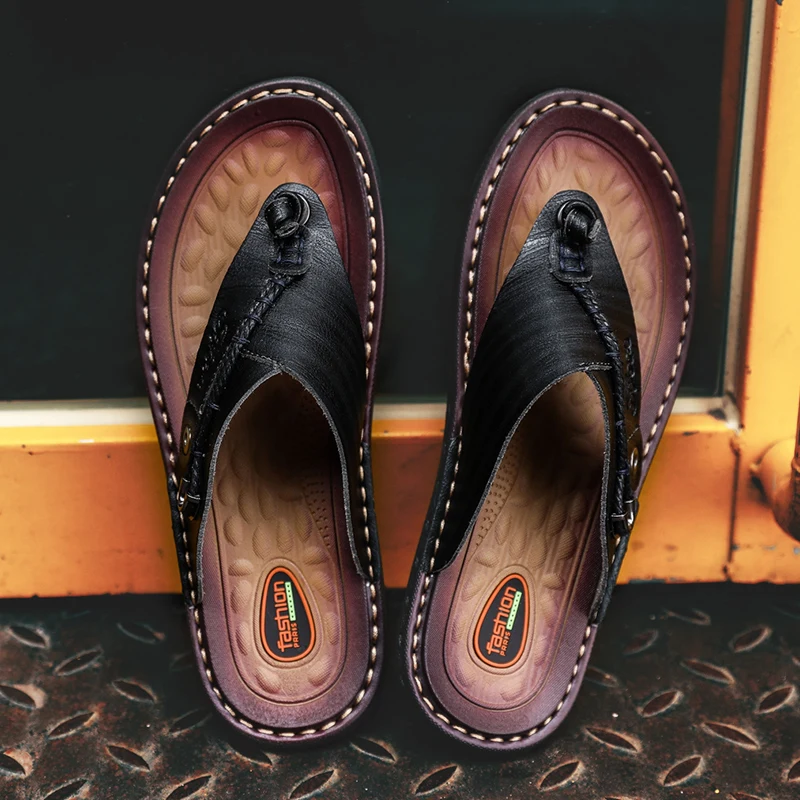 

2023 New Summer Handmade Leather Slippers Trendy Fashion Men's Flip-flops Outdoor Breathable Comfortable Men and Simple Sandals