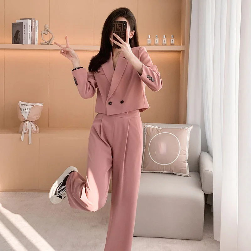 Tesco Casual Women Suit Short Blazer Jacket And High Waist Wide Leg Pants Black Pink Fashion Elegant Trousers Outfits 2 Piece
