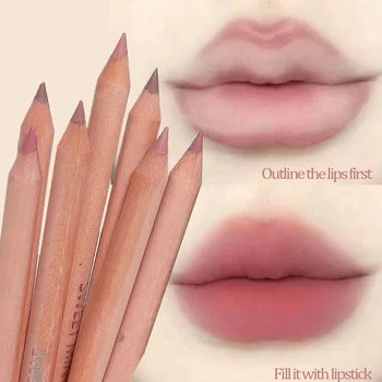 Matita per labbra in legno a forma di contorno marrone nudo Matita per labbra in velluto opaco impermeabile Penna per rossetto Trucco naturale a lunga durata