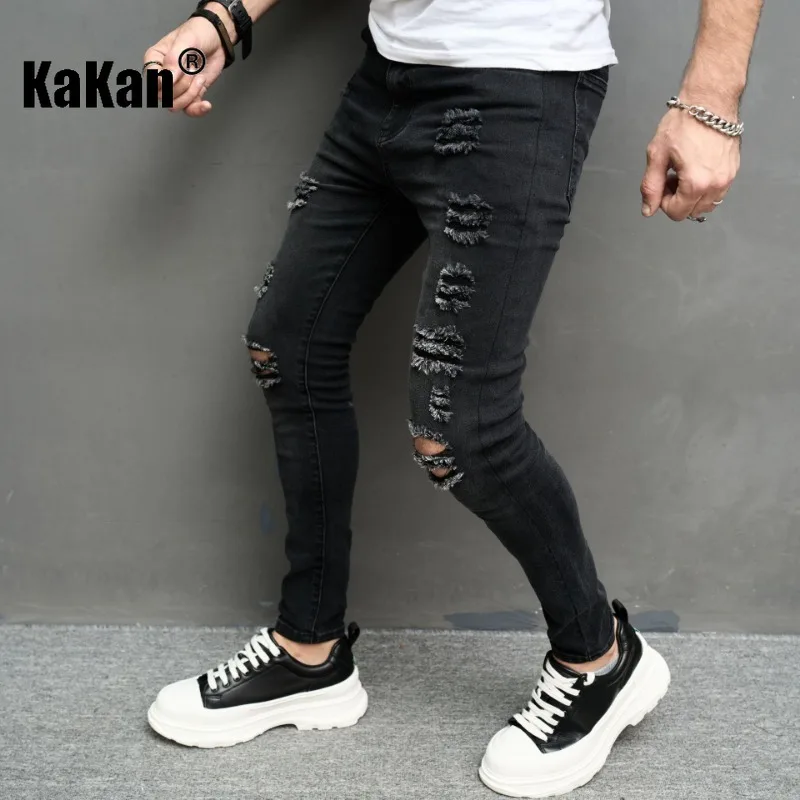 Kakan - European and American New Worn Knee Stretch Jeans for Men, Tight Black Casual Feet Slim Fit Pants K49-2008