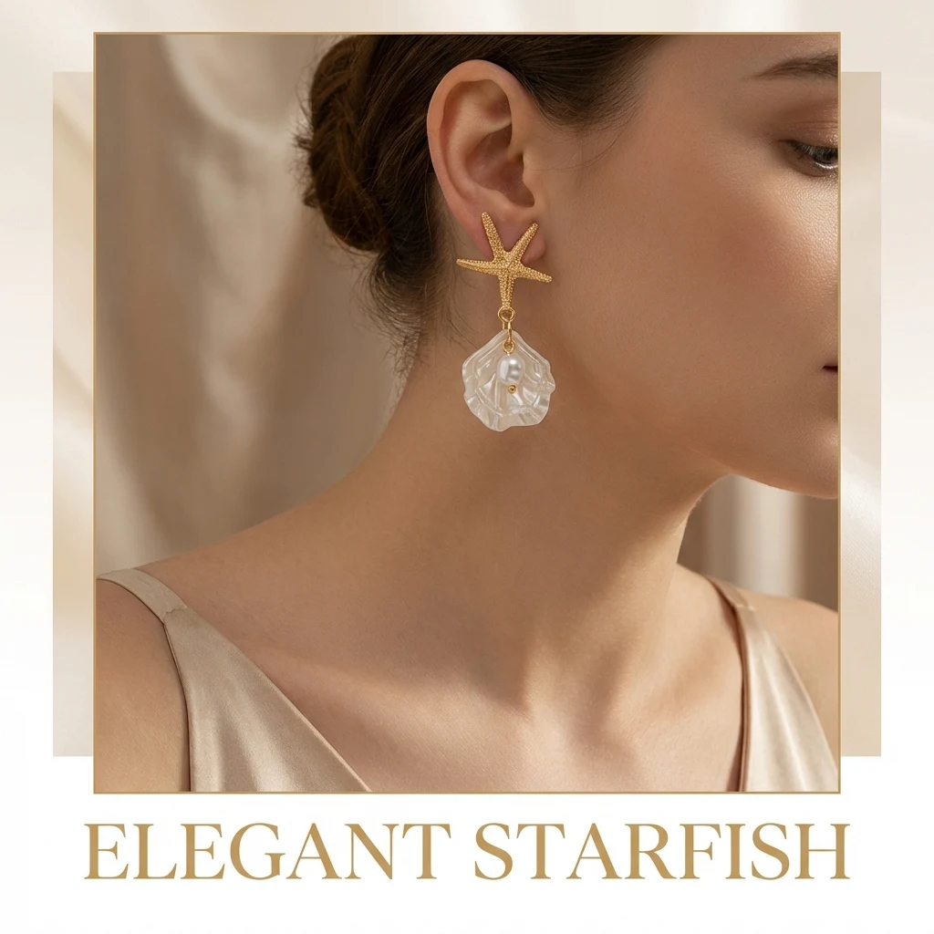Böhmische Seestern-Ohrringe mit Imitationsperlen und Muscheln für Damen, Exquisite Silberfarbene Emaille-Ozean-Akzente, Sommer-Schmuckgeschenk – Detail 4