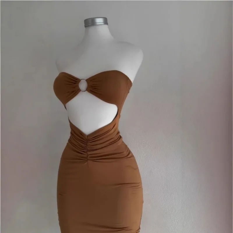 Fashion Women's Clothing New Spring and Summer Women's Tube Top Off Shoulder Dress Sexy Slim-fitting Belly Solid Beach Dress