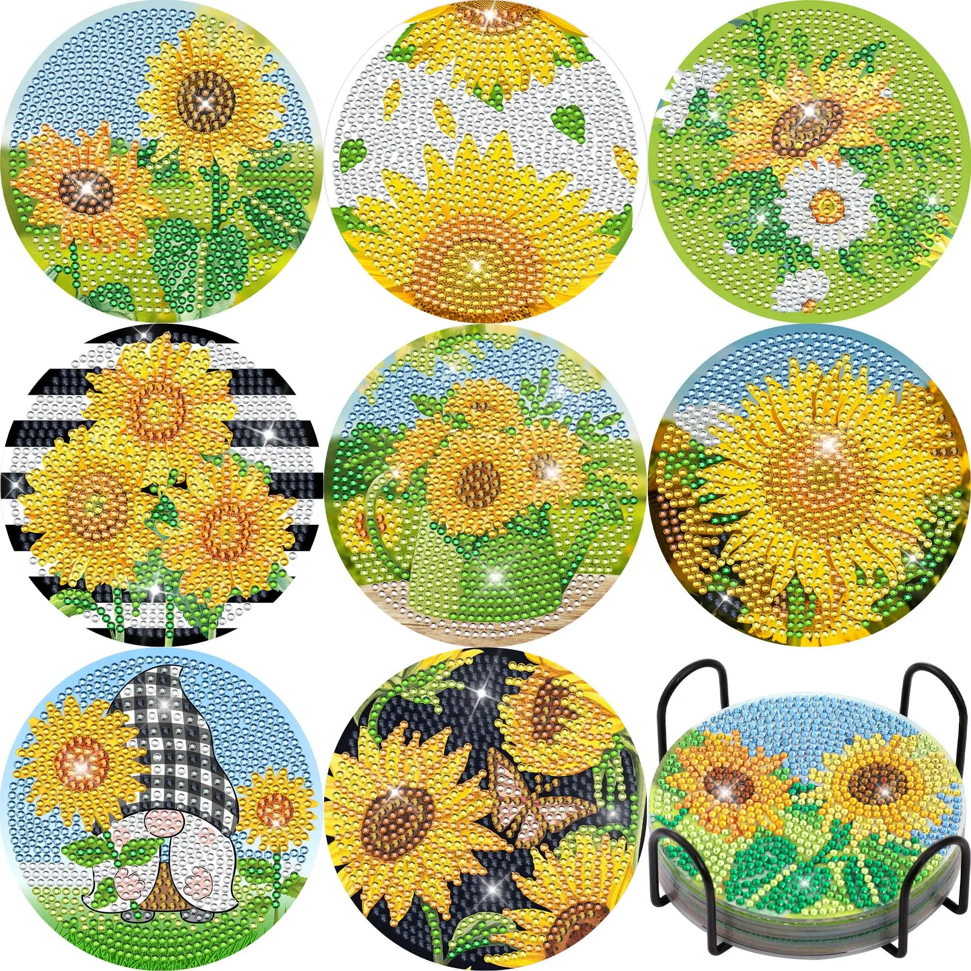 

6-9Pcs DIY Diamond Painting Coasters Sunflower Flower Diamond Art Mosaic Drink Cup Cushion Table Placemat with Holder Home Decor