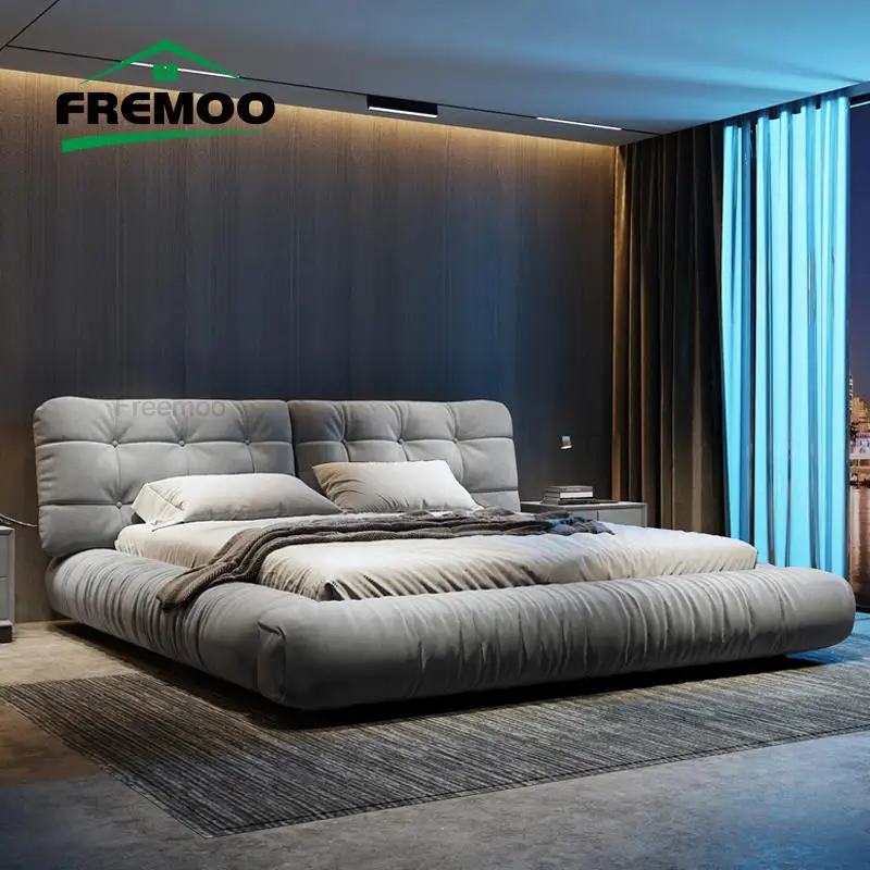 Modern Minimalist Double Bed Bedroom Furniture King Size Bed Technology Frosted Cloth Queen Size Frame Home Furniture