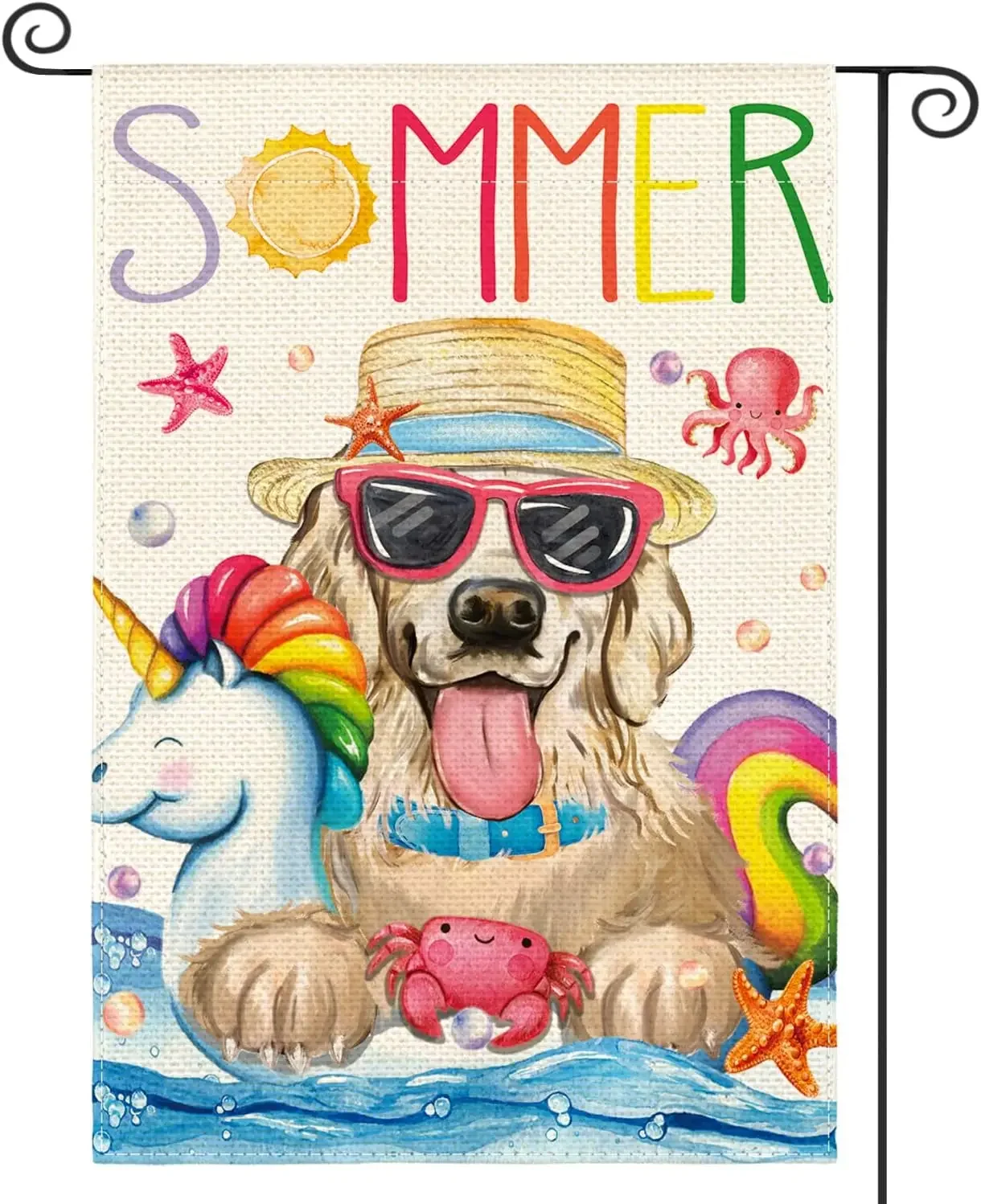 

Summer Pool Beach Garden Flag 12x18 Inch Double Sided Outside Swimming Golden Retriever Dog Waves Holiday Yard Outdoor