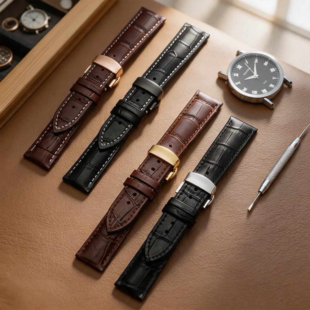 Luxurious Genuine Calfskin Leather Watch Strap with Butterfly Buckle - Available in Multiple Sizes