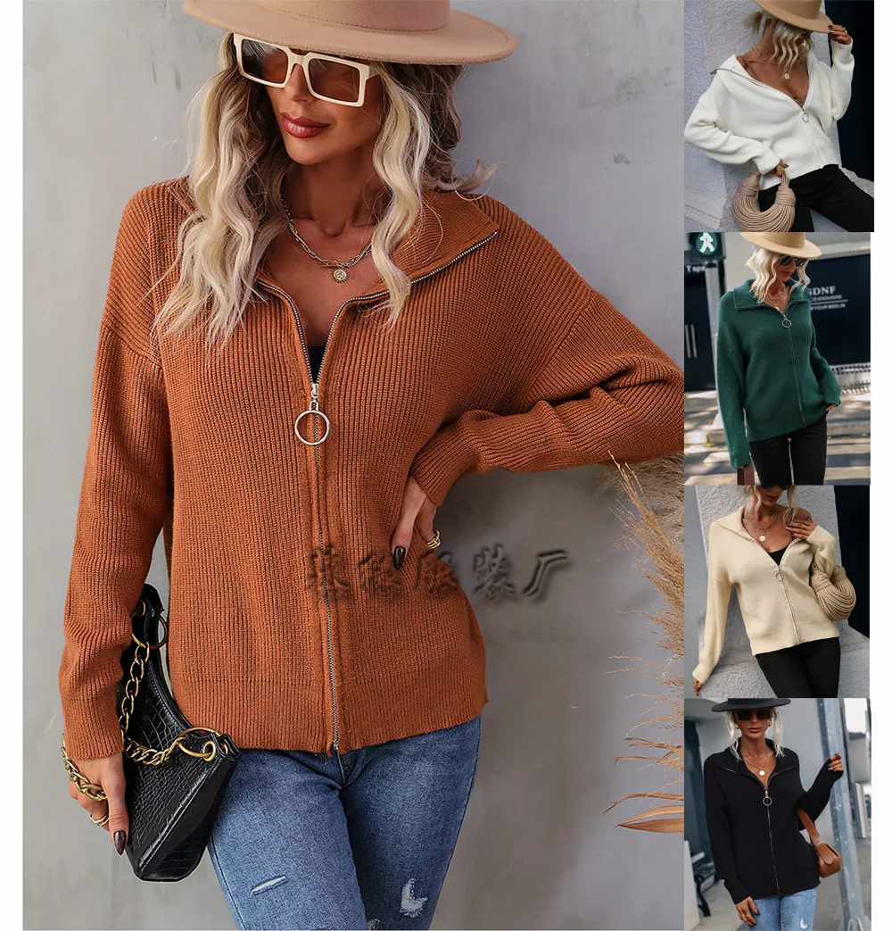 

2022 autumn and winter knitted turtleneck zipper solid color women's knitted sweater European and American sweater women
