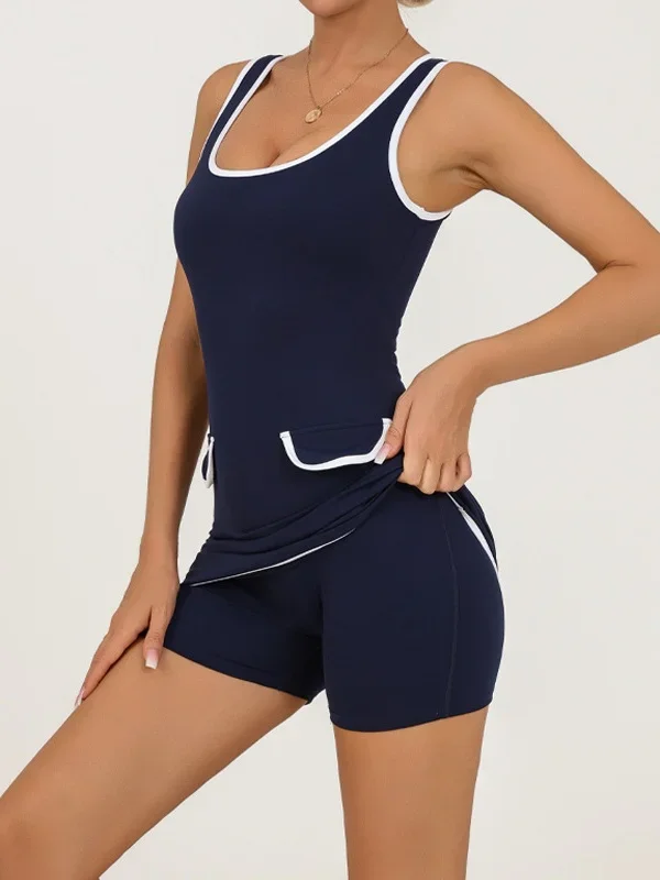 Women Tennis Golf Dress Sleeveless O Neck Black Patchwork Pocket High Elasticity Speed Dry Anti Glare Sport Fitness Tennis Skirt