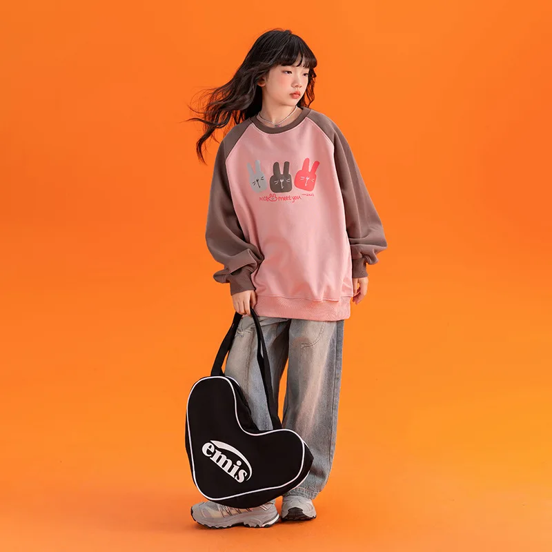 

Спортивная рубашка для девочек-подростков, корейский Свитшот контрастных цветов с мультипликационным принтом кролика, весна-осень 2023