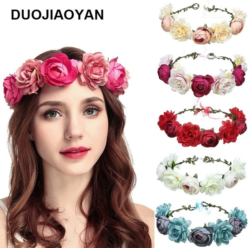 silver hair clips Popular Red Rose Flower Crowns Wreath Headband Women Wedding Bridesmaid Bride Headpiece Beach Hairband Bohemian Hair Accessories star hair clips