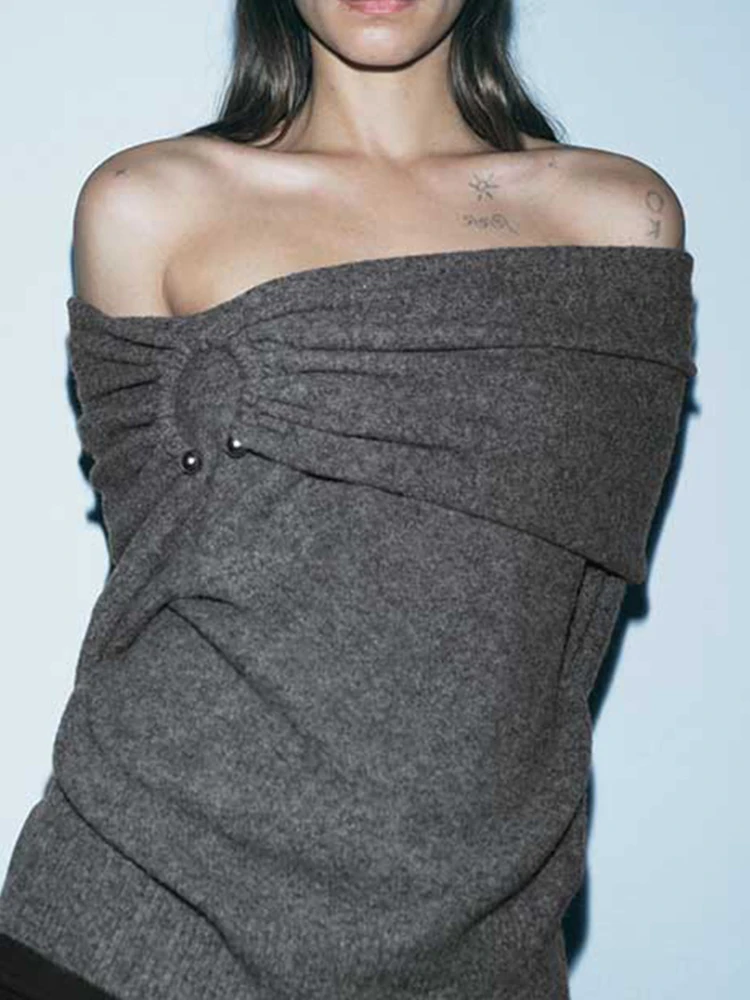 

Simple Metal Ring Knitted Sweater Women 2023 Autumn Off Shoulder Long Sleeve Pullover Female Chic Sweater Streetwear Casual Tops