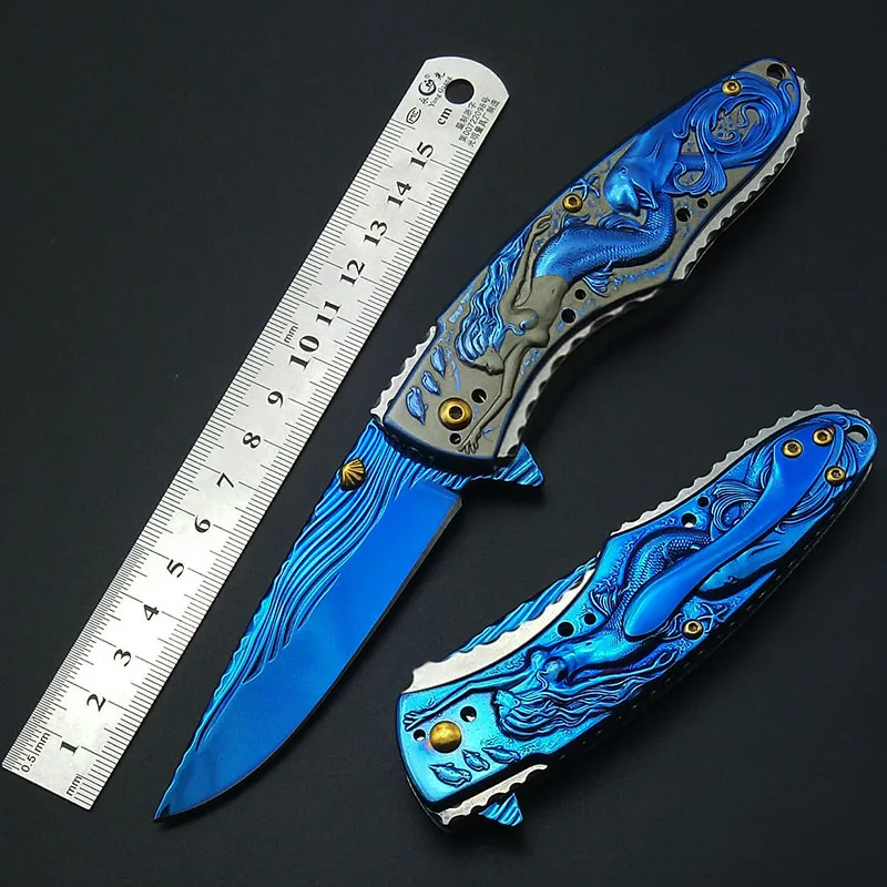 

Ztech Mermaid Fold Knife Blue Titanium Artwork Blade Handle Folding Collect Knifes Survival Tools Hunting Knives Free Shipping