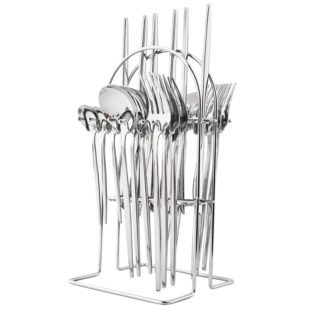 

24Pieces Western Cutlery Set with Storage Rack Knife Fork Coffee Spoon Dinnerware Stainless Steel Tableware Kitchen Flatware Set