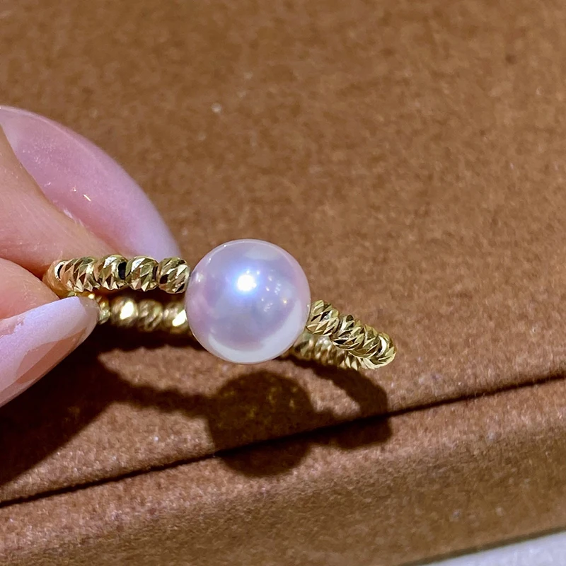 KUGG 18K Yellow Gold Rings 6-7mm Real Natural Akoya Pearl Fashion Twisited Design INS Style Exquisite Party Jewelry for Lady
