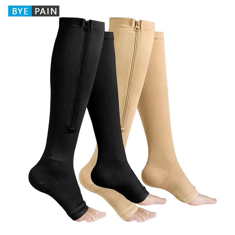 1pair Zipper Socks Venous Pressure Exposed Toe Sports Running Anti Slip Calf New Color blocked Shaped Leg Socks