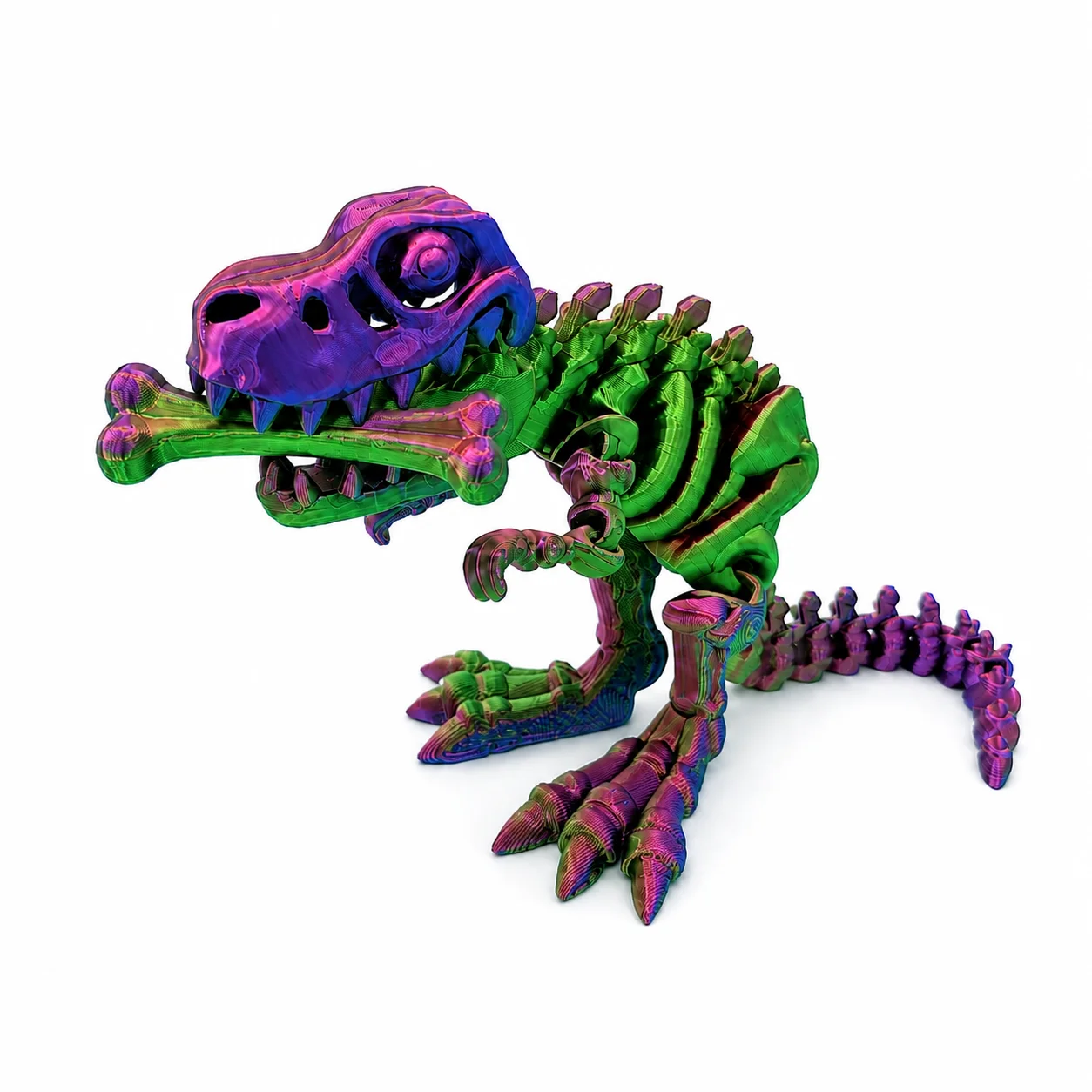 Articulated T-Rex Skeleton Dinosaur Toy with Bone Accessories, Multi-Color Gradient, Festive Gift Edition