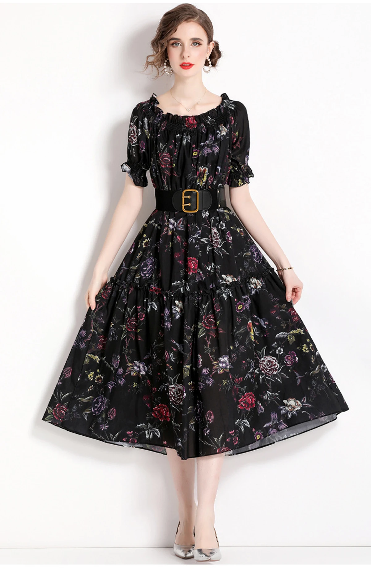 

Women Dress Spring Summer Butterfly Flora Flowers Print Short Puff Sleeve Women Ladies party Casual Evening Midi Vest Dress