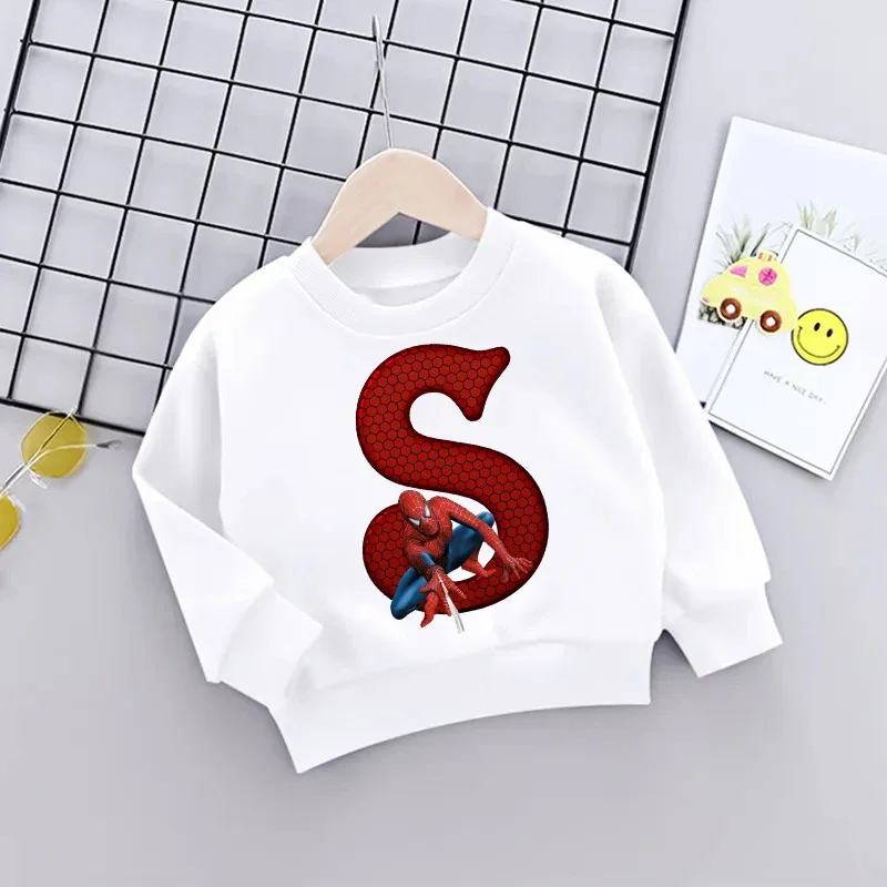 

Spiderman Letter A-Z Girl Boy Sweatshirts Marvels Children Pullover Kawaii Cartoons Hoodies Kids Little Baby Casual Clothes Tops