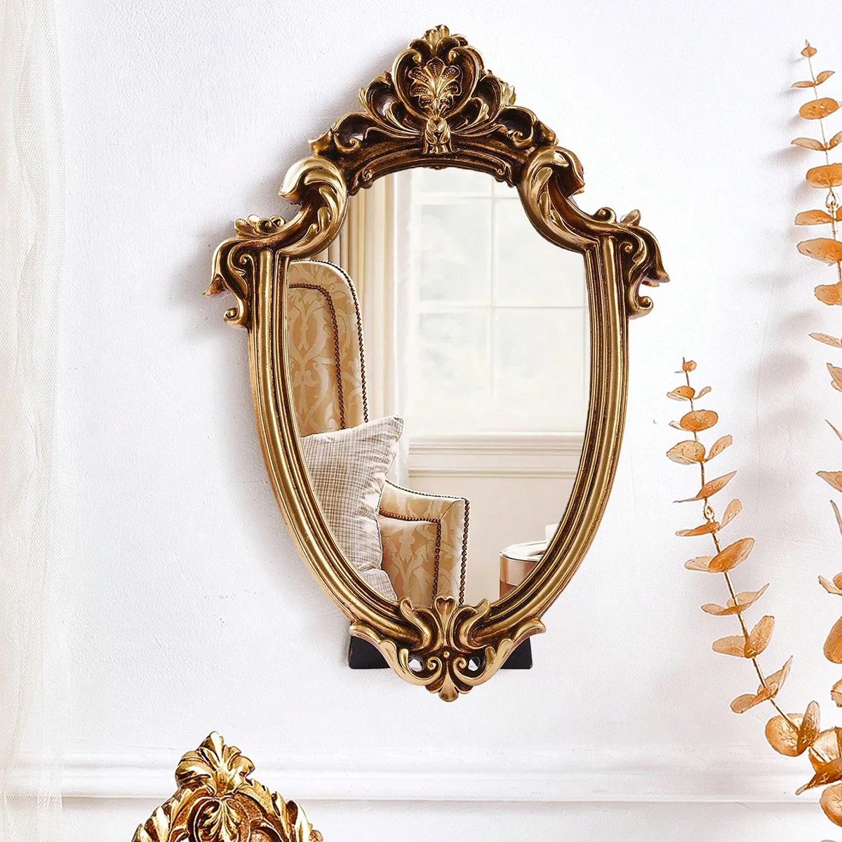 1 PC, resin material European classical style gold pattern special-shaped mirror ornament, can be hung or placed