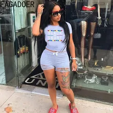 

FAGADOER Fashion Summer Shorts Two Piece Sets Women Letter Print Round Neck Tshirt And Hole Shorts Casual Female 2pcs Outfits