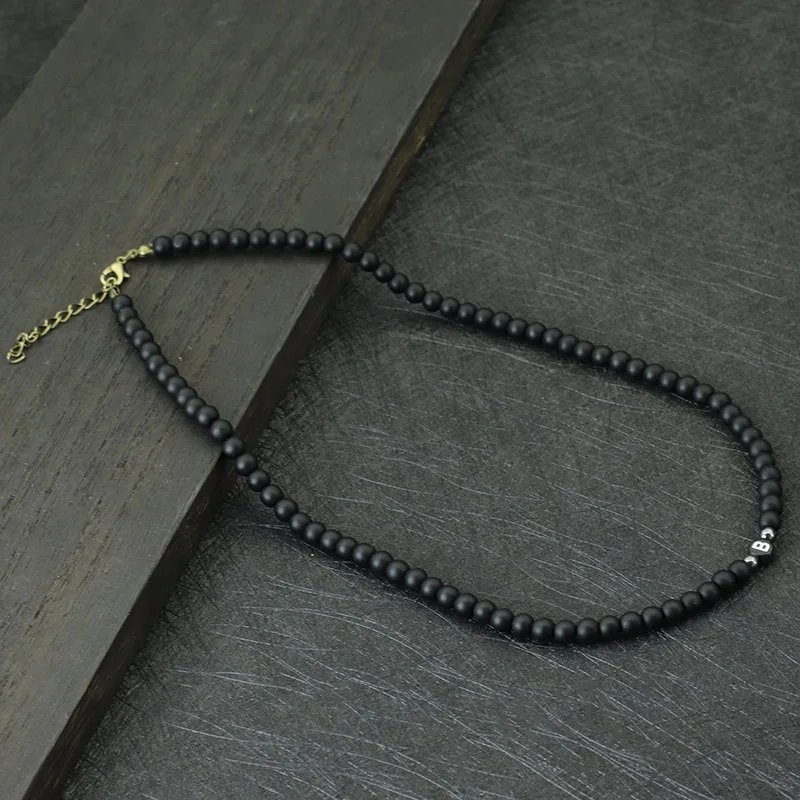 Men Onyx Stone Initial Necklace 6mm Hiphop Rock Choker