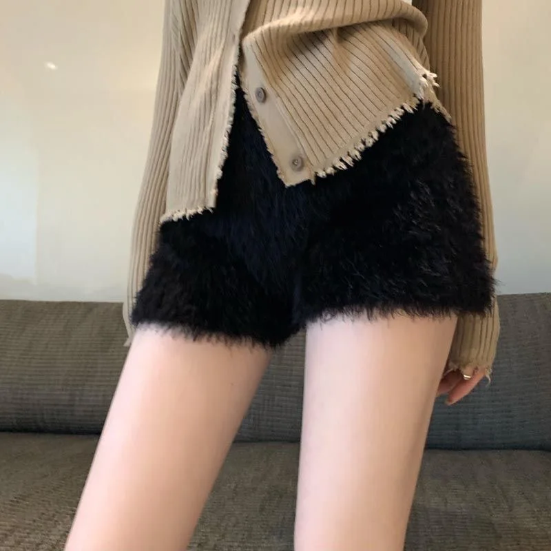 Plush Shorts Women's Winter Solid Color Seahorse Hair High Elastic Knit Leggings High Waist Thick Warm Shorts