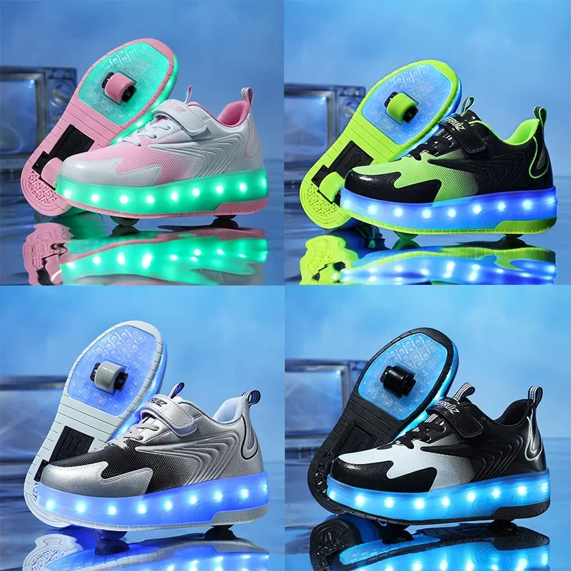 Children's Roller Skate Shoes Lace-Up LED Lighting Boy Girls Student Adult Walking Running Shoes Double Wheel Flying