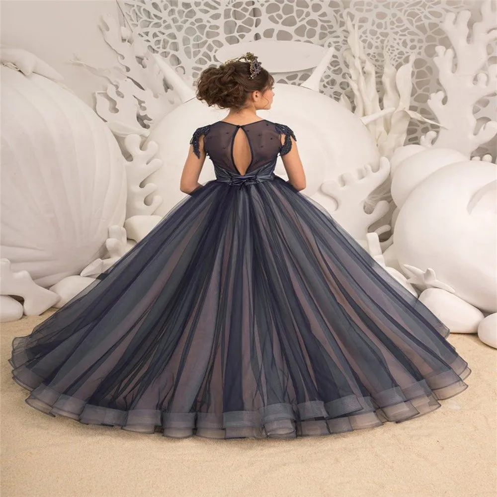 

Elegant Black Lace Sleeveless Tulle Flower Girl Dresses for Weddings Ball Gown for Girls First Holy Communion Pageant Party